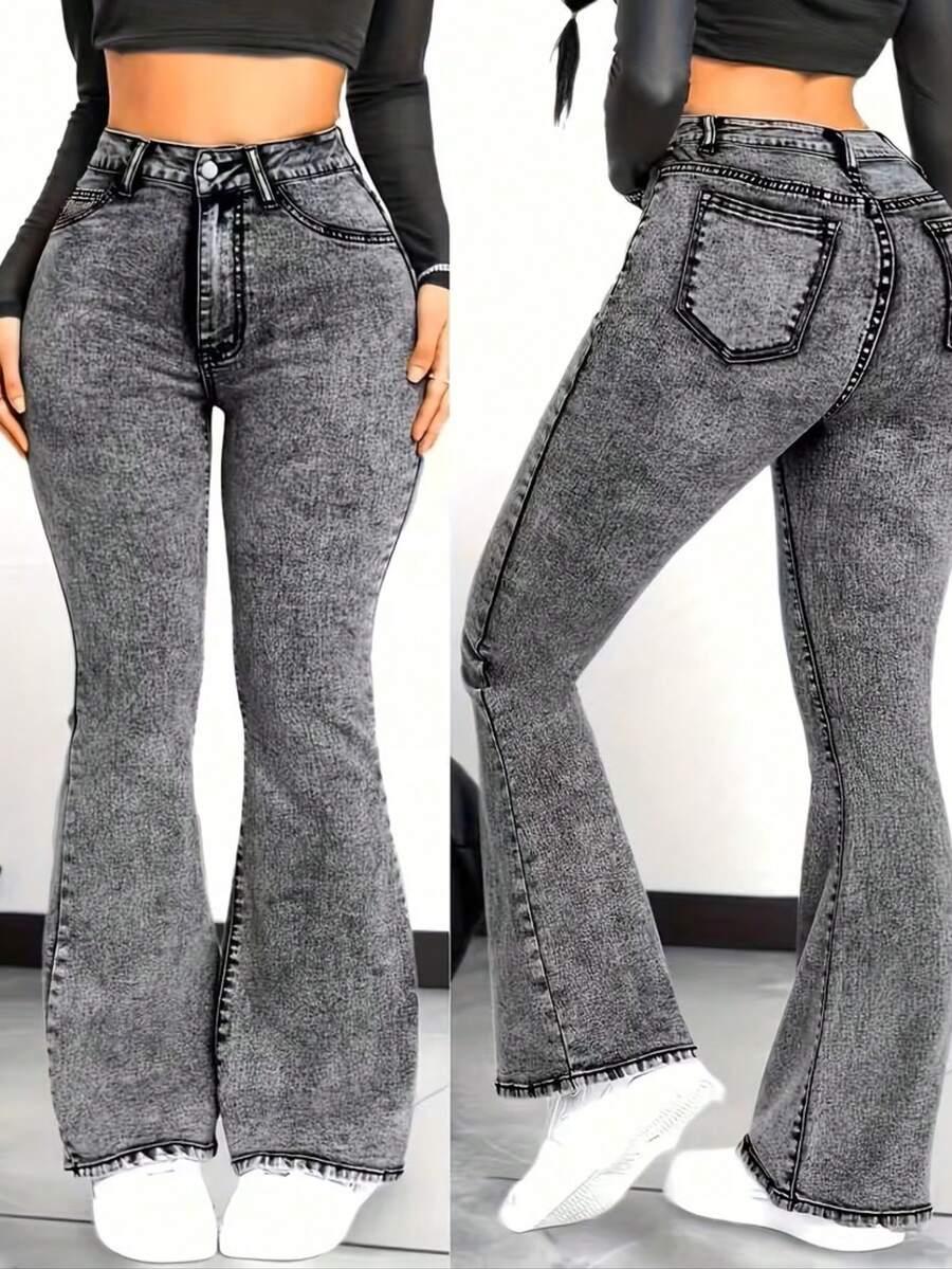 Women's Graphite Flare Jeans, High Waist With Lycra Stretch, Shaping, Butt-Lifting, Bell Bottom Style - 深灰色 - 查看 1