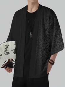 日式羽織罩衫和服 夏季海灘度假防曬罩衫 日常通勤寬鬆上衣 男士休閒新款 3D黑色底歐風深色圖案漸層和服家居罩衫 - 黑色 - 查看 2