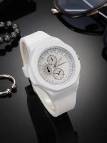 REBIRTH 1pc Women Fashionable Minimalist Casual Silicone Strap Quartz Wrist Watch, Suitable For Daily Wear - White - View 1