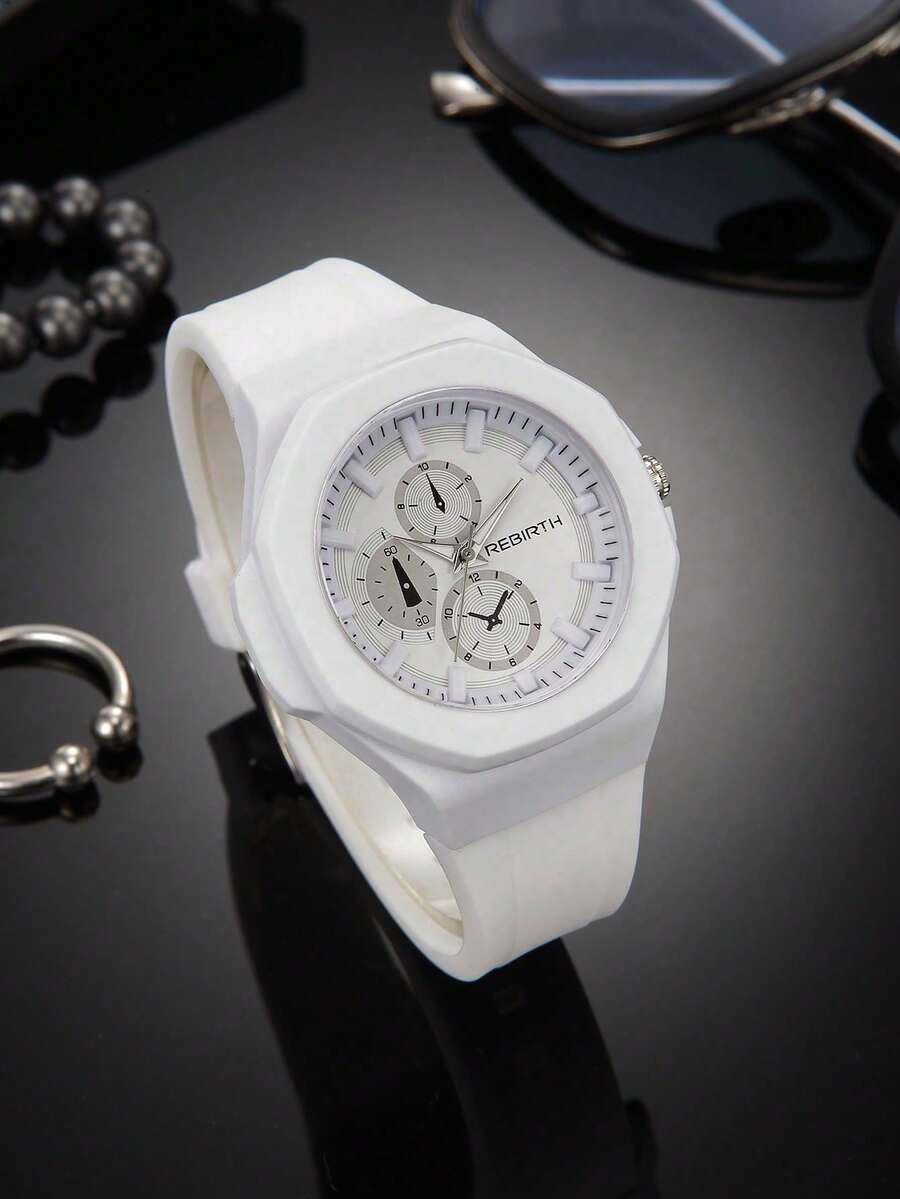 REBIRTH 1pc Women Fashionable Minimalist Casual Silicone Strap Quartz Wrist Watch, Suitable For Daily Wear - White - View 1