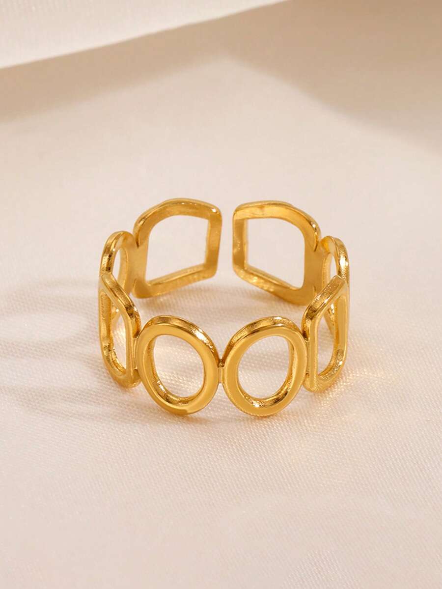 1 chiếc nhẫn hở bằng thép không gỉ mạ vàng 18K, kiểu dáng tối giản hình bầu dục và vuông, phù hợp cho nữ giới đeo hàng ngày và dự tiệc. - Vàng - Xem 1