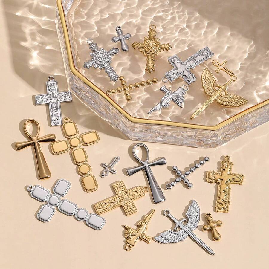 1pc Fashionable Punk Style 304 Stainless Steel Vacuum Electroplated Cross Pendant, Durable Cross Charm Suitable For Bag Decoration, DIY Jewelry Making, Necklace, Bracelet, Earrings - Picture - View 1