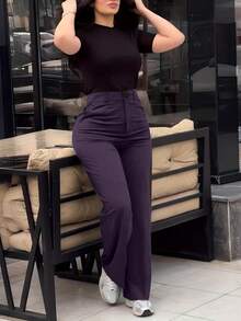 Women's Violet Polyester Straight Leg Pants With Pockets And Button Zipper Closure, Perfect For Fall Women Clothes - Purple - View 2