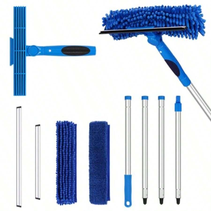ALimpiador de ventanas de 67 pulgadas kit de herramientas de limpieza profesional de ventanas 2 en 1 con poste de extension equipo de lavado de ventanas con cabezal giratorio para ventanas - Azul - Ver 1