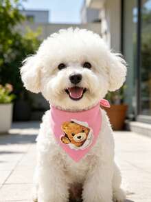 Comfortable Soft Polyester Pet Scarf, Cute Bear Head Design, Dog Accessory, Dog Supplies, Happy Dog, Cartoon Print, Suitable For Cats And Dogs For Indoor Or Outdoor Use - Pink - View 2