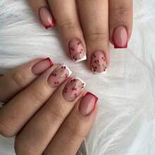 24 piezas de pegatinas de uñas cuadradas cortas de estilo francés con cerezas minimalistas, con 1 botella de pegamento para uñas y 1 lima de uñas, adecuado para uso diario y como suministros de uñas para regalar a amigas - Multicolor - Ver 7