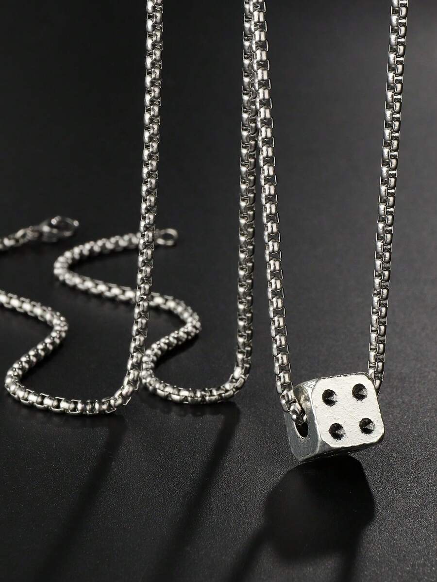 1 pieza Collar con colgante de dados vintage plateado para hombre - Plata antigua - Ver 1