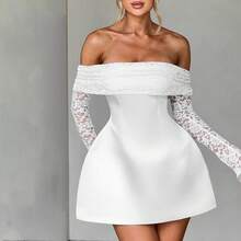 2026 Summer New European And American Cross-Border Women's Fashion Off-Shoulder Strapless Long-Sleeve Sexy Slim-Fit Lace A-Line Dress - 白色 - 查看 5