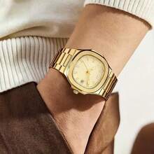1 pieza Reloj de pulsera de lujo para hombres de negocios con esfera cuadrada, correa de metal, adecuado para el uso diario, ideal para el uso diario de los hombres o como regalo - Dorado - Ver 4