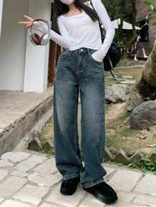 Jeans de pierna ancha de cintura alta, ajuste holgado, lavado desteñido azul oscuro, moda casual para vacaciones - Azul - Ver 3