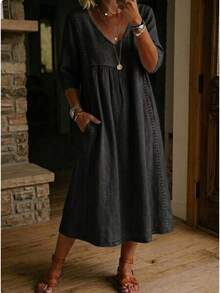 2026 New Casual Loose V-Neck Linen-Cotton Dress With Lace Trim - Yellow - View 10
