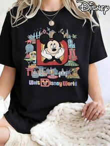 Women's Casual Cotton Round Neck Short Sleeve Mickey Mouse Walt Disney World Graphic Print Regular Length T-Shirt - Black - View 1
