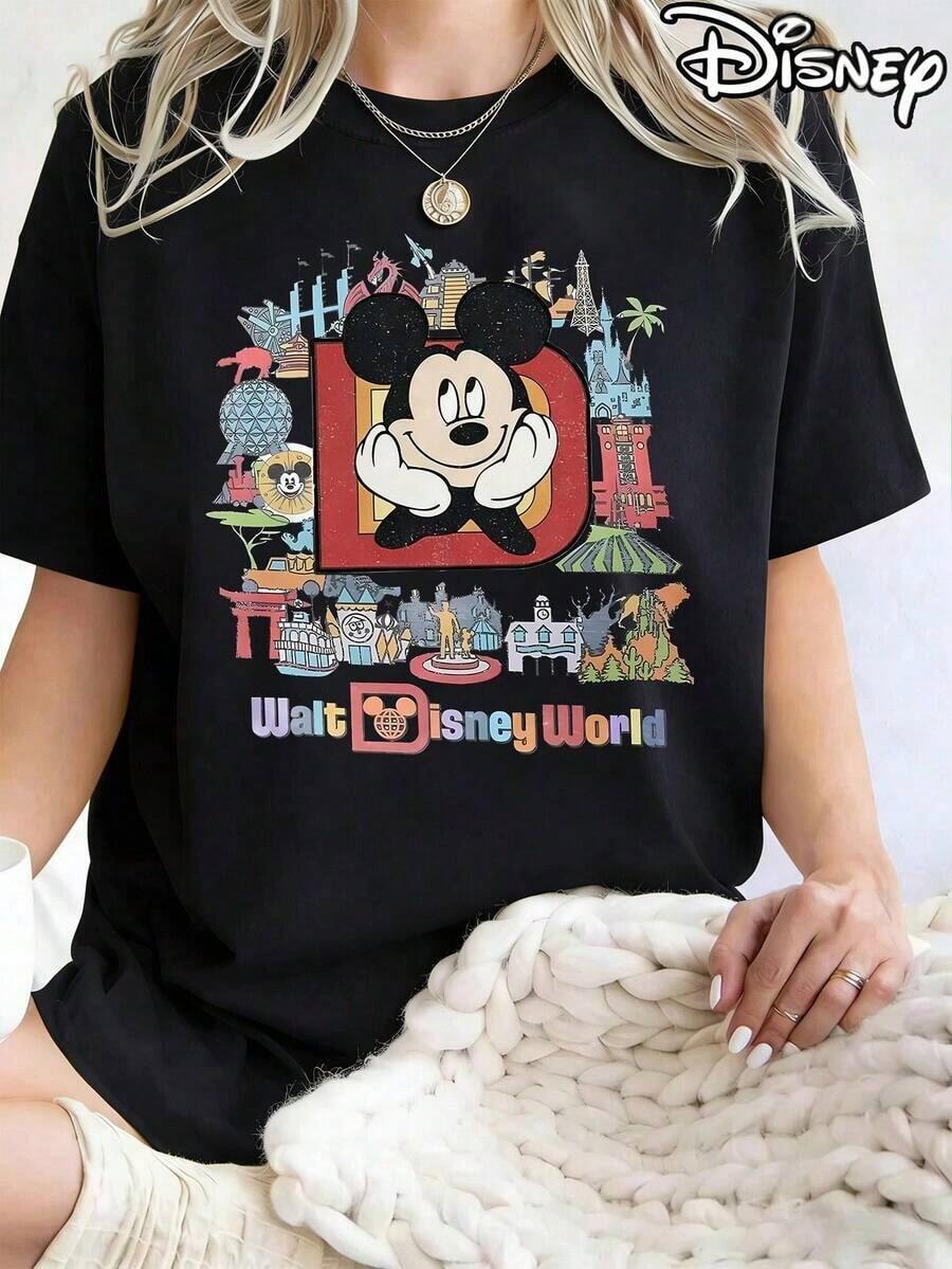 Women's Casual Cotton Round Neck Short Sleeve Mickey Mouse Walt Disney World Graphic Print Regular Length T-Shirt - Black - View 1