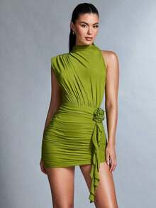 Vestido con hombro asimétrico, pliegue y arrugado, con decoración de flor 3D para damas - Verde - Ver 5