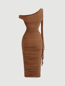 MOD Vestido casual de verano de mujer de unicolor con cuello asimétrico y drapeado, de longitud media - Marrón - Ver 2