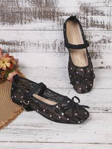 New Women's Buckle Bow Square Toe Mesh Mary Jane Lace Flower Flat Shoes, Solid Color, Fashionable, Elegant, Vacation, Bohemian, Casual, Floral Flat Shoes, Party, Summer - Black - View 7
