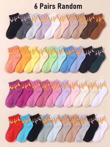 6 Pairs Of Random Color Mid Calf Socks For Kids, Flame Print Funny Socks, Summer Essential, Party Favors For Kids, Back To School, Beach Summer - Multicolor - View 8