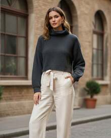 Women's Mousse Fang Cropped Knit Blouse High Neck Puff Sleeve - 石墨 - 查看 4