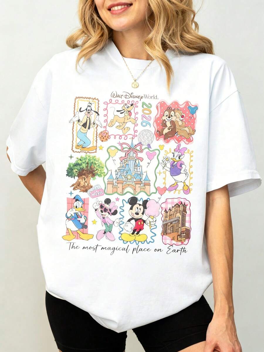 Disney Florida 2026 Vacation Oversized T-Shirt Unisex, 100% Cotton Vintage Short Sleeve Casual Top, Mickey & Friends Family Matching Graphic Print Tee - trắng - Xem 1