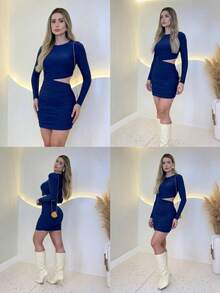 Women's Lined Long-Sleeved Elegant Pleated Dress In Suplex Fabric, Sizes 36 To 40, In Solid Colors, For Winter And Summer, Rodeo, June Festival, Saint John's Day. - 藏蓝色 - 查看 3