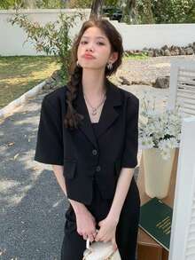 女款優雅短袖黑色西裝外套，韓式垂墜休閒短版夾克，夏季款 - 黑色 - 查看 6