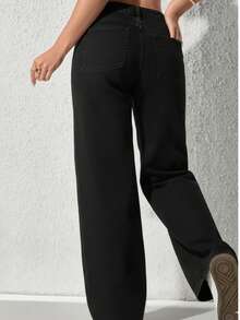 Women's Wide Leg Jeans, High Waist, No Lycra, Premium Style, Sophisticated, Comfortable, Elegant, Plus Size - 黑色 - 查看 2