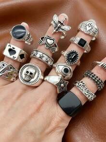10/18pcs Spider & Snake Ring Set, Punk Hip-Hop Mixed Styles, Couple Rings For Party & Daily Wear, Fashion Jewelry Gift, Random Assortment - Punk Men's Ring Set - View 10