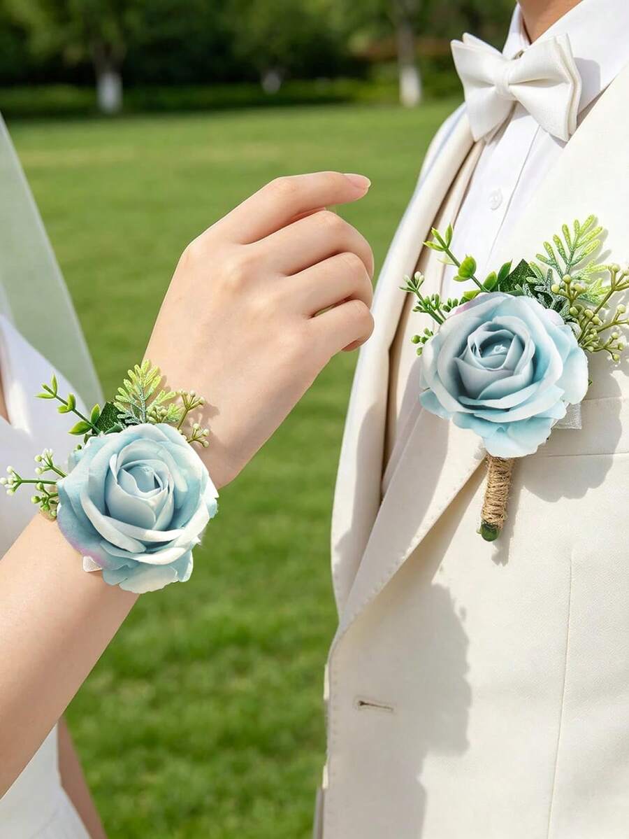 2件/1件裝 淡藍色優雅玫瑰胸花與新娘手腕花套組,附尤加利葉,適合新郎、新娘、父親、母親 - 彩色 - 查看 1