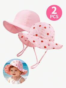2Pcs Baby Girls' Strawberry Print & Solid Wide Brim Sun Hat, Adjustable Chin Strap UV Protection Bucket Hats For Toddler Kids Summer Beach Outdoor Activities - 2pcs - View 1