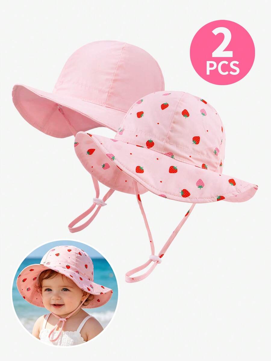 2Pcs Baby Girls' Strawberry Print & Solid Wide Brim Sun Hat, Adjustable Chin Strap UV Protection Bucket Hats For Toddler Kids Summer Beach Outdoor Activities - 2pcs - View 1