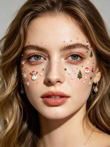 1 Set Y2K Christmas Theme Face Jewel Stickers, 3D Reindeer, Snowman, Christmas Tree Decorative Stickers With Rhinestones, Easy To Create Glowing Makeup Look, Dreamy Holiday Atmosphere, Suitable For Christmas Party, Themed Photoshoot, Holiday Date, Cute And Eye-Catching Look - Multicolor - View 3