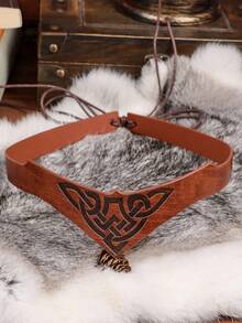 2pcs Medieval Celtic Pattern PU Leather Headbands, Viking Style Triangle Forehead Bands, Retro Cosplay Hair Accessories - A - View 2