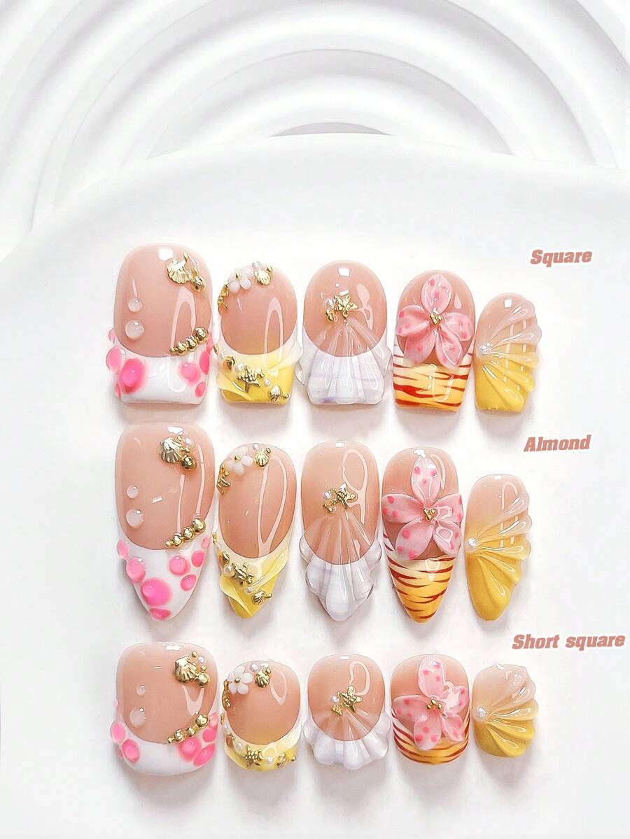 10 chiếc móng tay giả dán phong cách cô gái ngọt ngào Dopamine, bộ móng Polygel, phụ kiện nghệ thuật móng sò, sao biển và hoa nhỏ, trang trí nghệ thuật móng hoa năm cánh màu hồng được tạo hình thủ công, sơn móng màu hồng và vàng, phong cách mùa hè tươi mới, đi kèm dụng cụ làm móng (1 tờ miếng dán thạch + 1 cái dũa móng), có 3 kích cỡ, móng vuông, móng vuông ngắn, móng hạnh nhân, phù hợp cho họp mặt, hàng ngày, tiệc tùng, chụp ảnh, vui chơi, xuân hè, đi làm - Nhiều màu - Xem 1