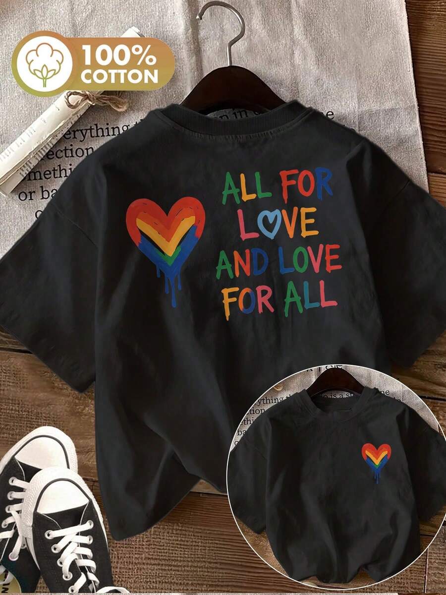 Women's Casual Summer Tops, Spring And Summer Top With Double-Sided Print, Style Adorned With Hearts, Text And Rainbow Colors. Casual Short-Sleeved T-Shirt And - Black - View 1