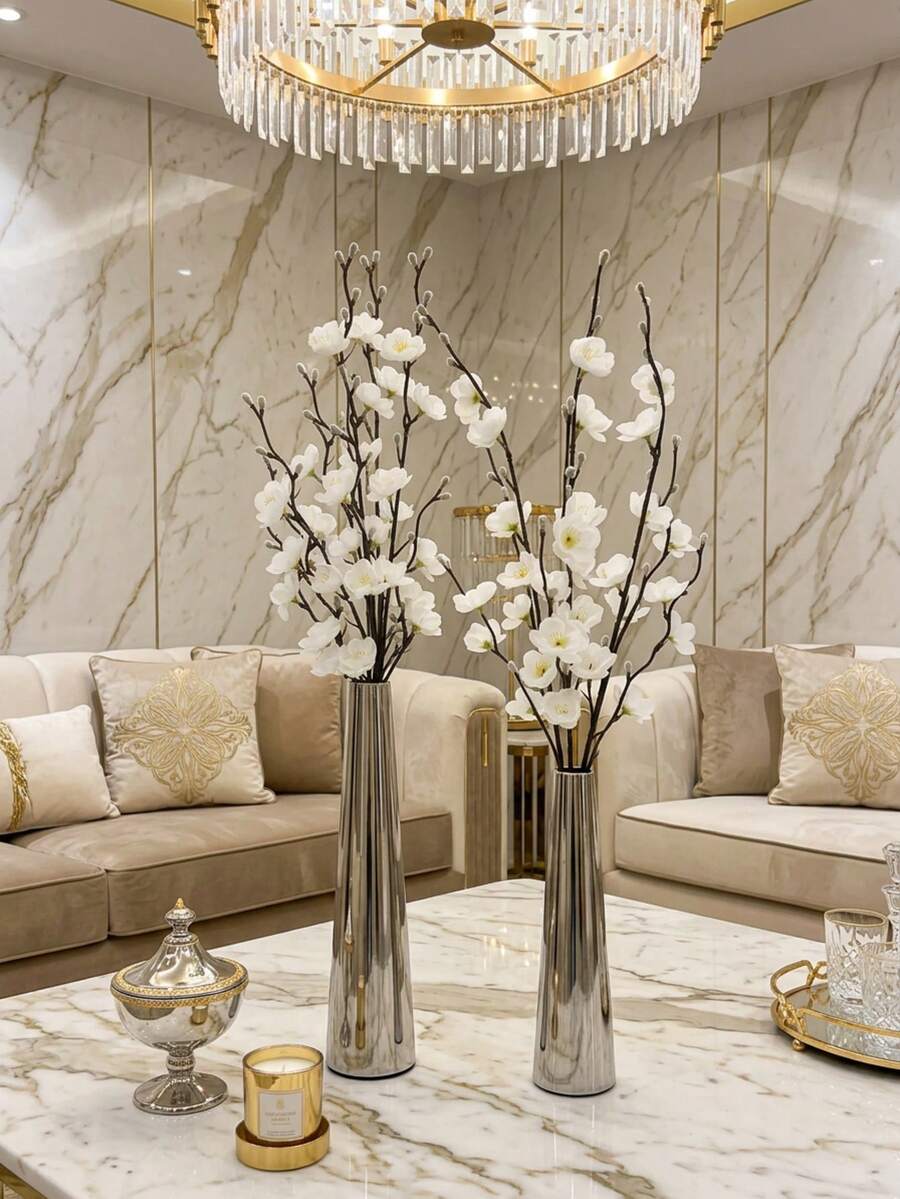 Elegant Metal Vase With Plum Blossom, Small Gold Vase, Metal Structure - For Wedding Table Centerpiece, Candlelight Dinner Table Decor, Home Decor, Room Decor, Friend Gift, Women Gift, Winter Gift - Silver Long Tubes - View 1