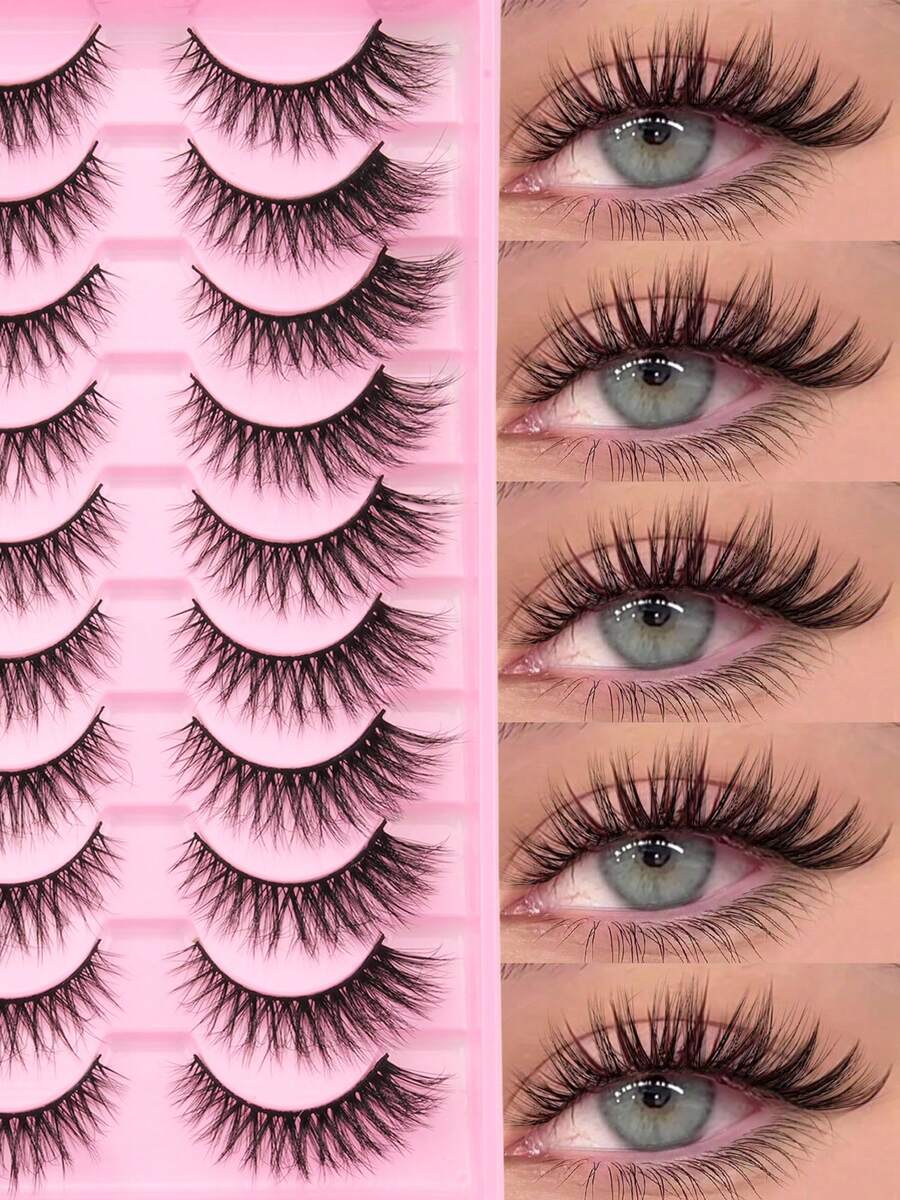 10 Pares de Cílios Postiços Naturais e Densos, Cílios Falsos de Vison Leves, Fofos e Bem Modelados, Extensões de Cílios Confortáveis para Uso Diário, Reutilizáveis e Fáceis de Aplicar para Iniciantes - Preto - Visão 1