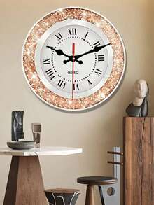 1pc 2D Flat Rose Gold Diamond Roman Numeral Pattern Round Wall Clock - Suitable For Bedroom, Living Room, Office, Kitchen And Bathroom Decor - 12/14 Inches (Batteries Not Included) - Multicolor - View 4