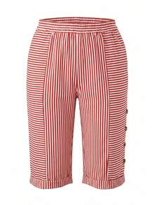 Plus Size Women Striped Bermuda Shorts, Straight Leg Casual Style For Spring Summer - Red - View 2