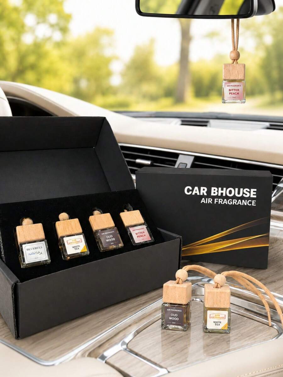 Juego de regalo de adorno colgante de aromaterapia para coche, botellas difusoras de ambientador para coche con múltiples aromas, diseño de tapa de madera, accesorios decorativos de fragancia para coche, difusor de aroma colgante portátil para el interior del coche, diseño de fragancia de larga duración, opciones de combinación de múltiples aromas, adecuado para la decoración interior de sedán, SUV y camión, mejora la atmósfera del interior del coche, empaque de caja de regalo exquisito adecuado como regalo de accesorio para coche - A - Ver 1