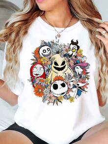 Nightmare Before Christmas Characters Floral Design Disney Women's T-Shirt Round Neck Short Sleeve Casual Wear Halloween Costume Soft Comfortable 220g - trắng - Xem 1