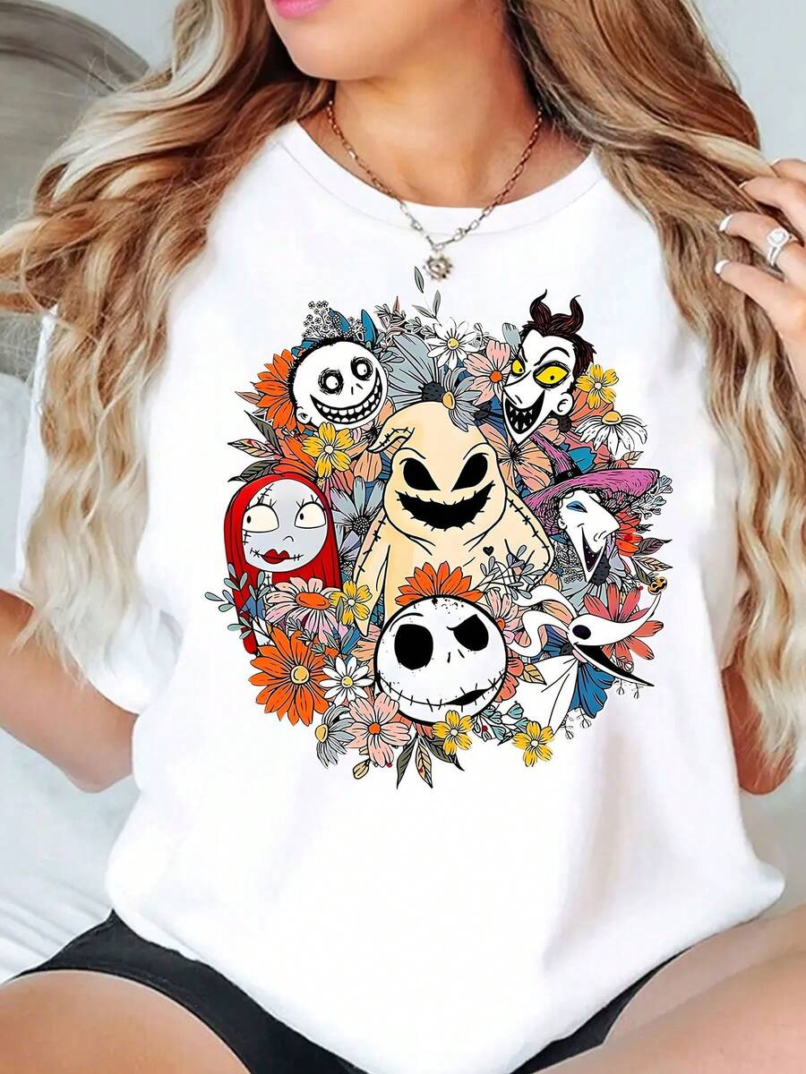 Nightmare Before Christmas Characters Floral Design Disney Women's T-Shirt Round Neck Short Sleeve Casual Wear Halloween Costume Soft Comfortable 220g - trắng - Xem 1