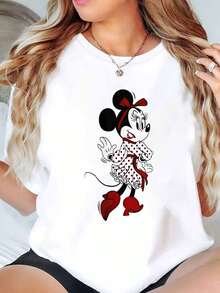Minnie Mouse Classic Cartoon Print Disney Women T Shirt Round Neck Short Sleeve Casual Daily Wear Summer Holiday Soft Comfortable 220g - 白色 - 查看 1
