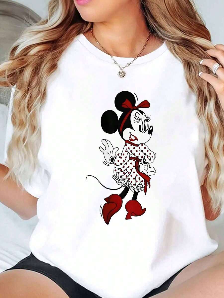 Minnie Mouse Classic Cartoon Print Disney Women T Shirt Round Neck Short Sleeve Casual Daily Wear Summer Holiday Soft Comfortable 220g - 白色 - 查看 1