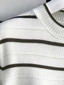 Men's Summer Round Neck Knit Striped Contrast Color Casual Pullover - White - View 4