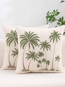 Miater 1個/2個帆布刺繡抱枕套，椰子樹花卉植物鳥類圖案，春夏清新自然風，沙發客廳臥室靠墊套，家居裝飾節日禮物 - 米色 - 查看 14