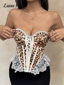 Luna Muse Top Corsé Vintage con Estampado de Leopardo para Mujer Primavera/Verano, Bustier Ajustado con Volantes y Cordones, Top Corto Sexy Estilo Y2K Coquette con Estampado de Guepardo, Top Tubo sin Tirantes Ajustado, Adecuado para Fiestas, Festivales de Música, Discotecas, Día de San Valentín, Halloween y Otras Ocasiones - Blanco - Ver 4