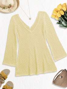 Traje de baño tipo pareo de ganchillo para mujer talla grande, elegante estilo bohemio de resort de playa, falda corta con escote en V sexy y botones de perla, blanco para vacaciones - Amarillo - Ver 4