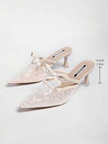 Giày Mule cao gót trắng phong cách Trung Hoa mới, mũi nhọn thêu ren, sandal biến kiểu cho nữ - Màu be - Xem 7