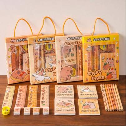 6pcs Capybara Back To School Stationery Set, Writing Gift, Student Gift, Learning Gift Box, Learning Stationery Set, Back To School Season Gift, Back To School Season Gift, Art DIY Capybara Stationery Set, Random 1pc Capybara Cartoon Notebook Set | High Quality Diary With Ballpoint Pen, Includes Lined Blank Pages And Divider Pages, Suitable For DIY Art Painting, Quick Drying, Student Art, Animation, Painting And Sketching, Painting Supplies, Back To School, Learning Supplies,