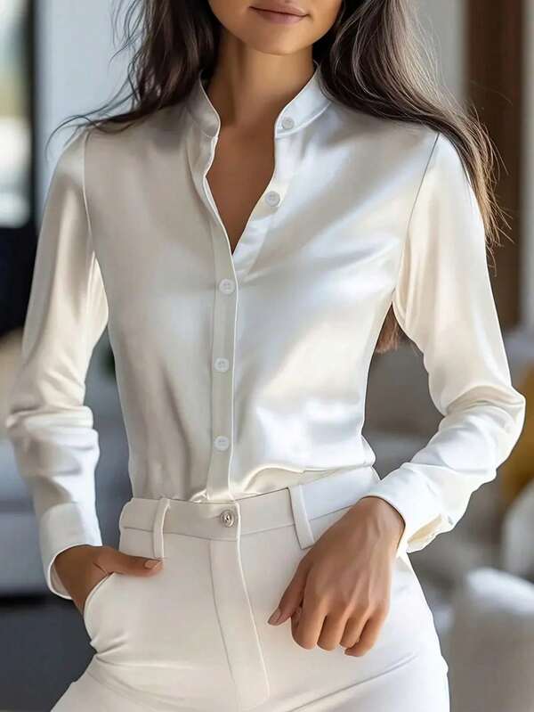 Blusa de satén blanco de manga larga elegante para mujer, top de unicolor versátil para ir al trabajo, cuello clásico, tela de satén suave y agradable para la piel, no transparente, lavable a máquina y en seco, adecuada para oficina, casual y ocasiones formales, apta para primavera, verano y otoño